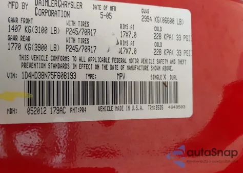 2005 Dodge Durango St from USA, damaged, VIN 1D4HD38N75F608193